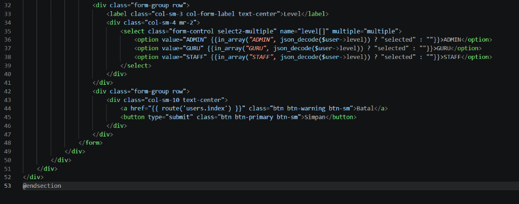 Kode lanjutan edit blade php