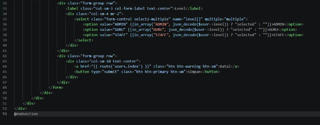Kode lanjutan edit blade php