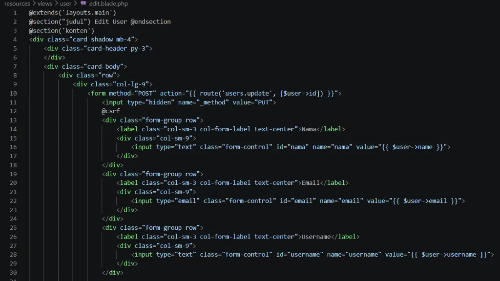Tampilan form edit user pada browser